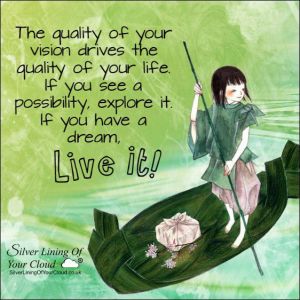 The quality of your vision drives the quality of your life. If you see a possibility, explore it. If you have a dream, LIVE it! 